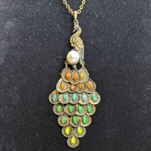 Encrusted Peacock Necklace, Faux Pearl, Articulated Tail, Antiqued Brass-tone